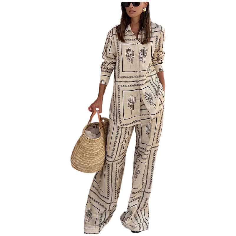 💝Cadeau de fête des mères-💃Ensemble deux pièces à imprimé géométrique pour femme - chemise et pantalon à jambes larges