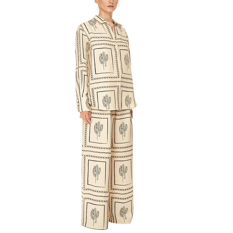 💝Cadeau de fête des mères-💃Ensemble deux pièces à imprimé géométrique pour femme - chemise et pantalon à jambes larges