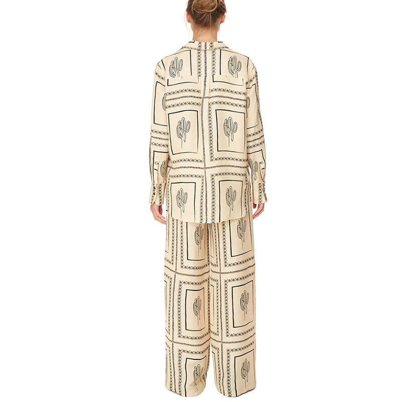 💝Cadeau de fête des mères-💃Ensemble deux pièces à imprimé géométrique pour femme - chemise et pantalon à jambes larges