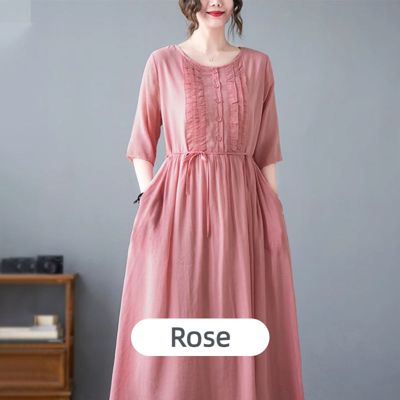 🎀Col rond Manches moyennes Couleur solide Robes droites pour femmes🌷