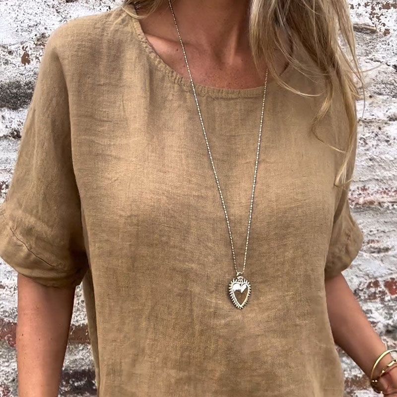 Blouse à manches mi-longues en lin et coton unie à col rond pour femmes