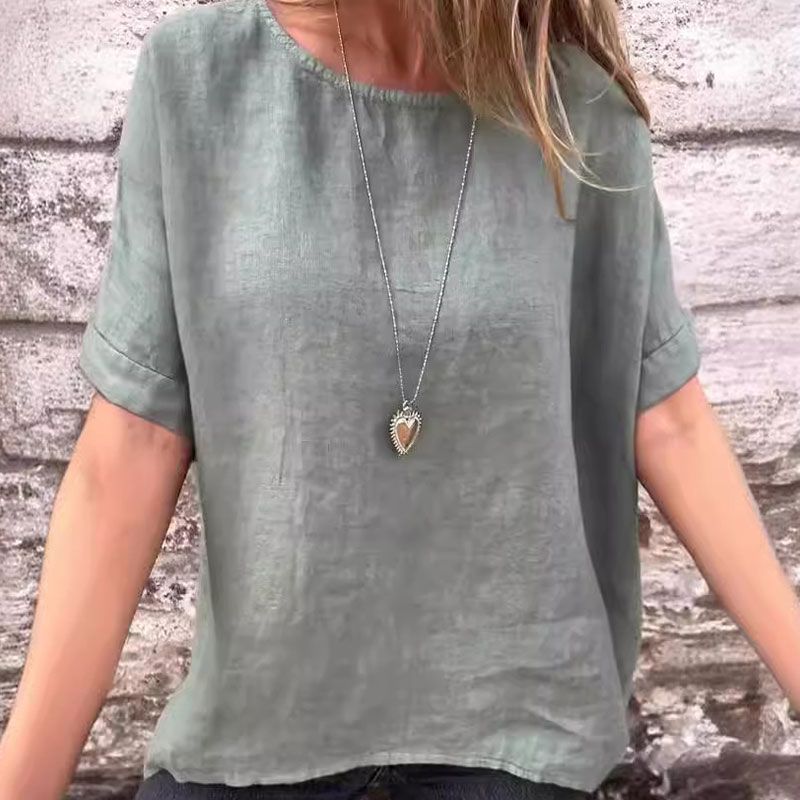 Blouse à manches mi-longues en lin et coton unie à col rond pour femmes