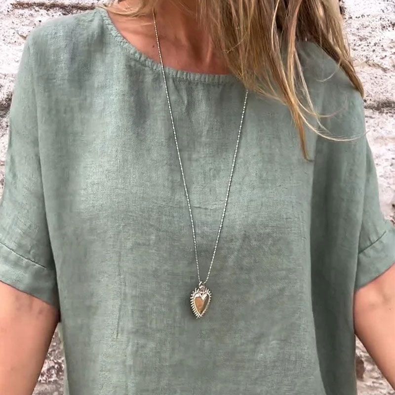 Blouse à manches mi-longues en lin et coton unie à col rond pour femmes