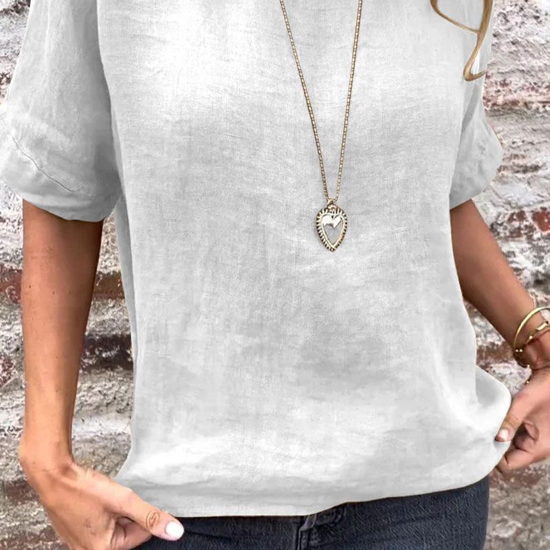 Blouse à manches mi-longues en lin et coton unie à col rond pour femmes