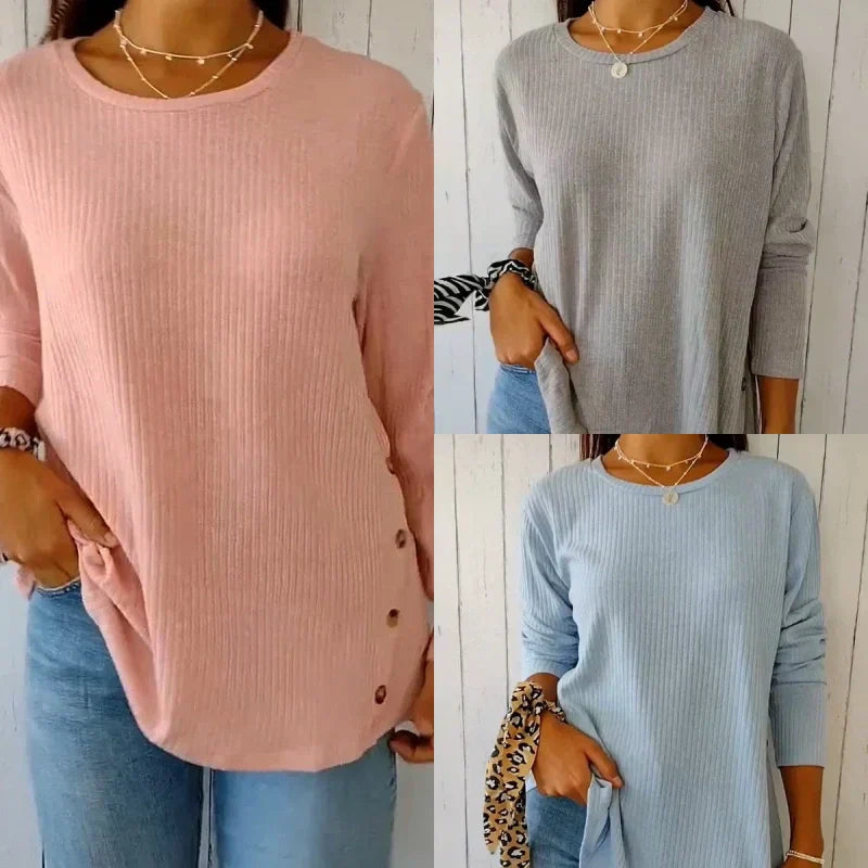 đ„50 % RĂDUCTION đT-shirt uni dĂ©contractĂ© Ă manches longues avec boutons pour femmes