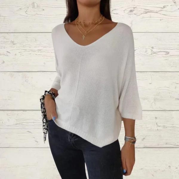 Top tricoté uni pour femme avec col en V et manches chauve-souris