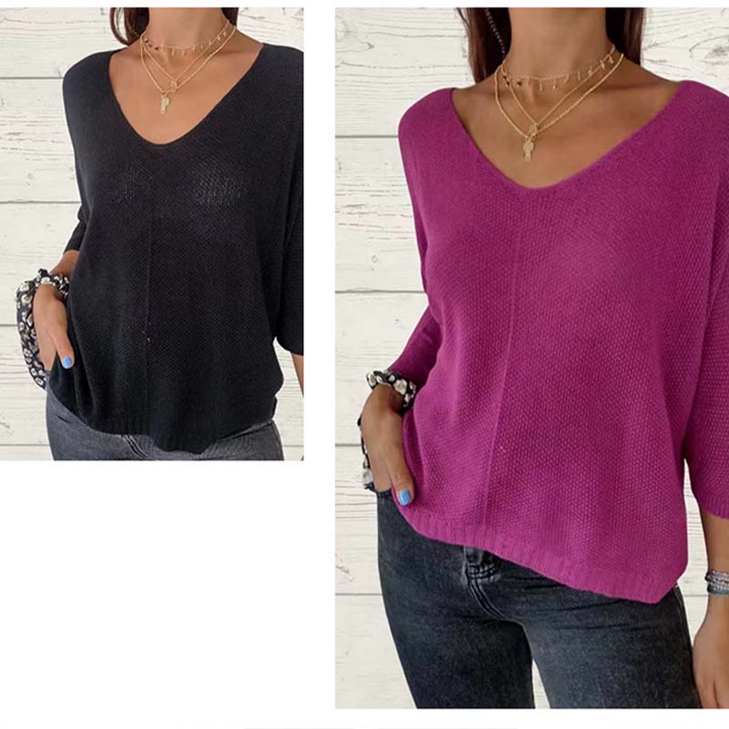 Top tricoté uni pour femme avec col en V et manches chauve-souris