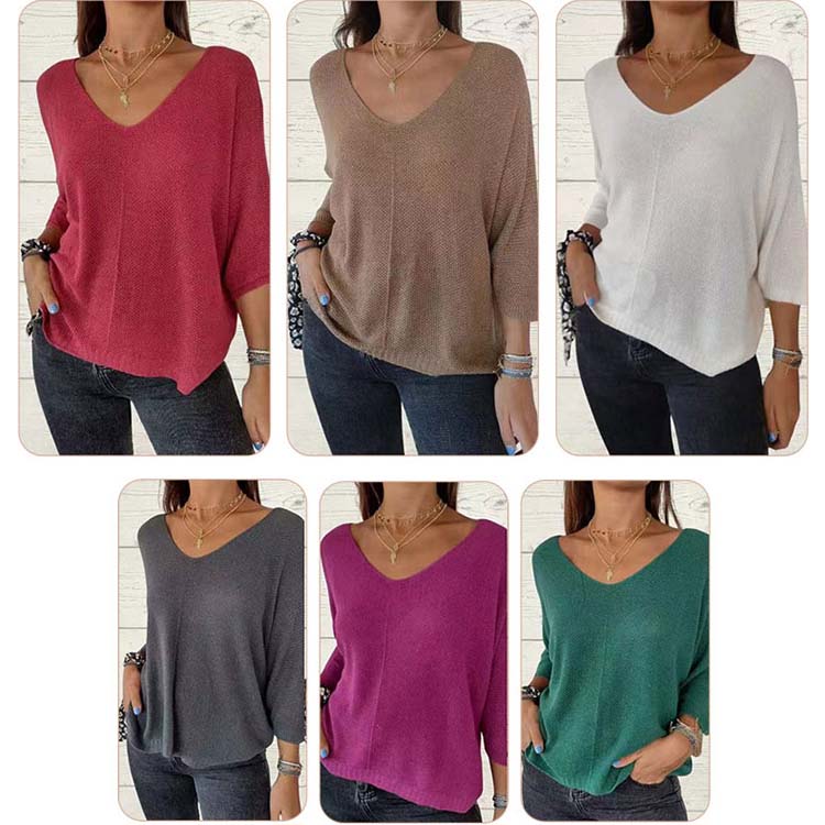 Top tricoté uni pour femme avec col en V et manches chauve-souris