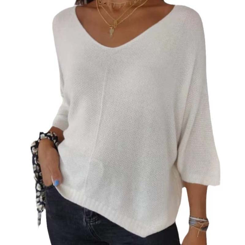 Top tricoté uni pour femme avec col en V et manches chauve-souris
