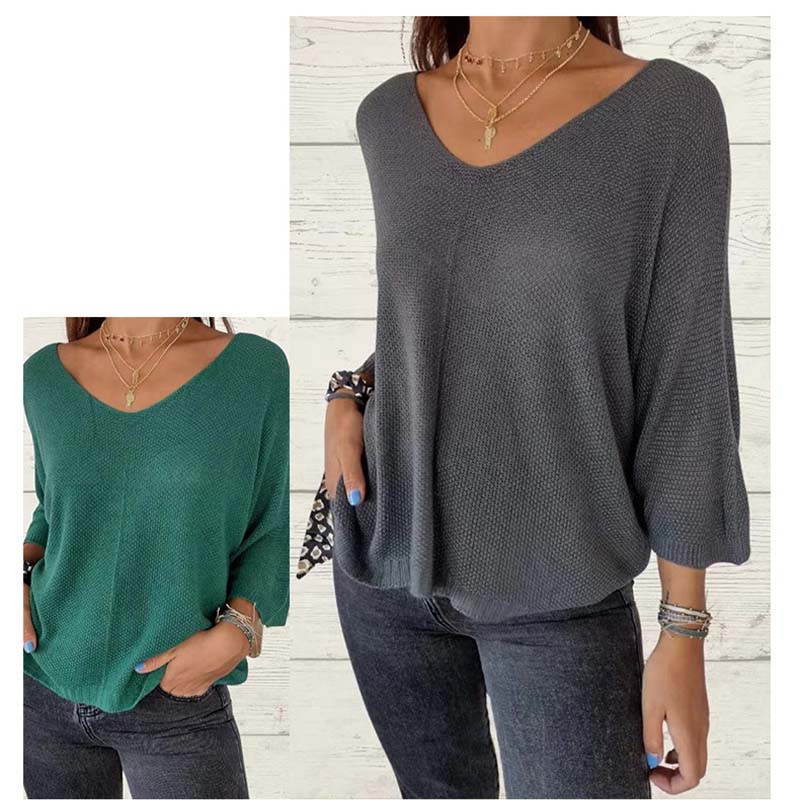 Top tricoté uni pour femme avec col en V et manches chauve-souris