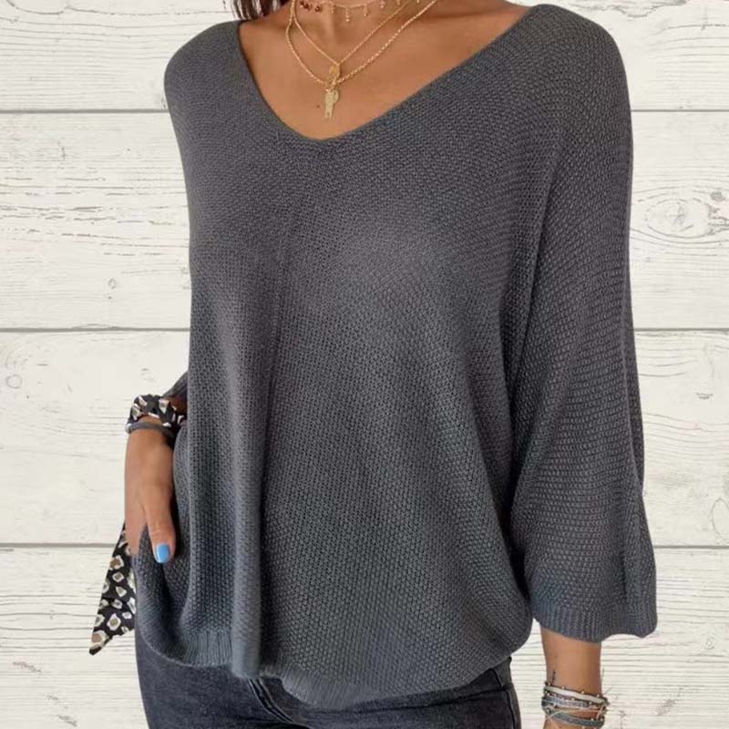Top tricoté uni pour femme avec col en V et manches chauve-souris
