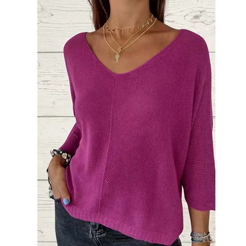 Top tricoté uni pour femme avec col en V et manches chauve-souris