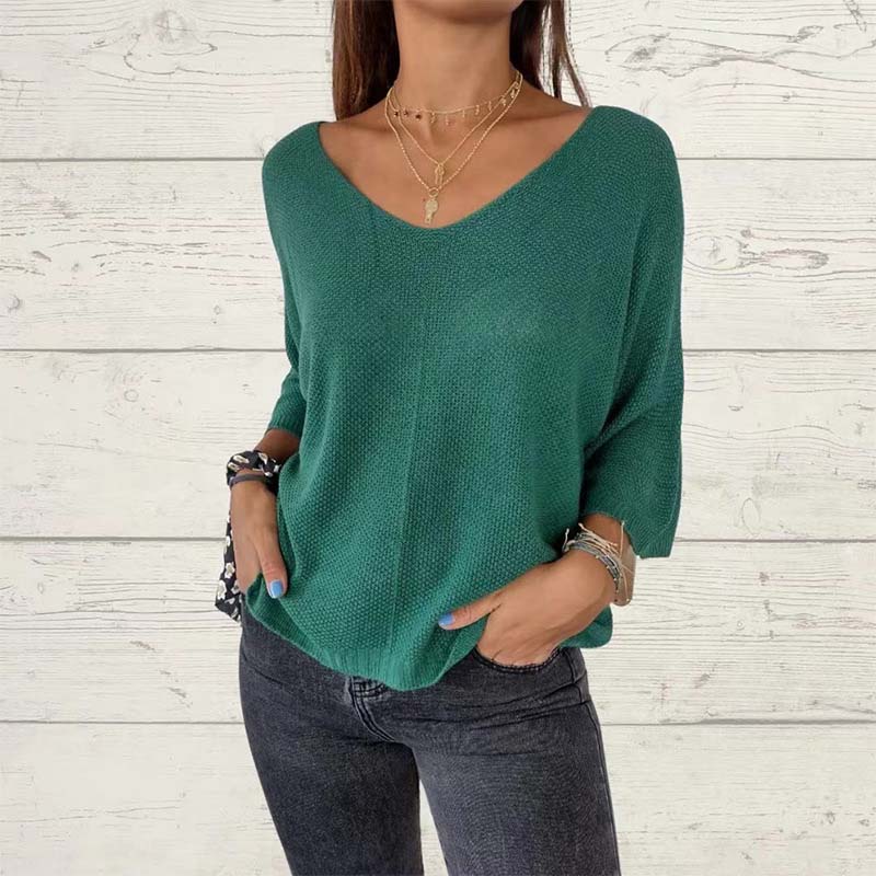 Top tricoté uni pour femme avec col en V et manches chauve-souris