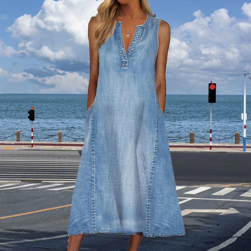 Robes midi en denim sans manches pour femmes