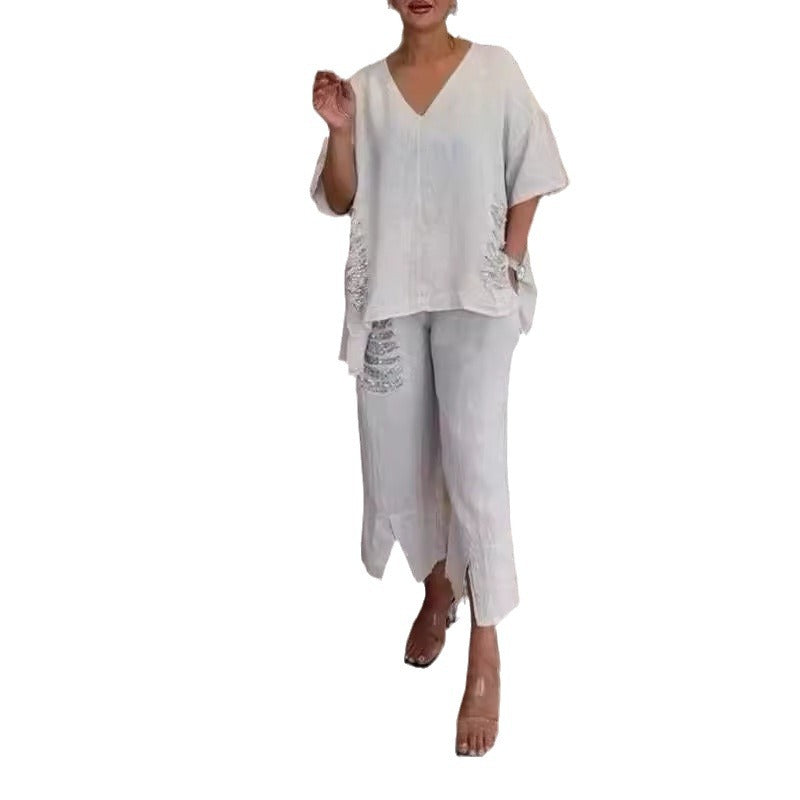 💥Limite de temps 47% DE RÉDUCTION 💕Ensemble 2 pièces à col en V en coton et lin pour femmes
