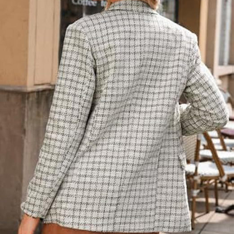 Veste de tailleur pour femme à revers simple en tissu écossais à carreaux