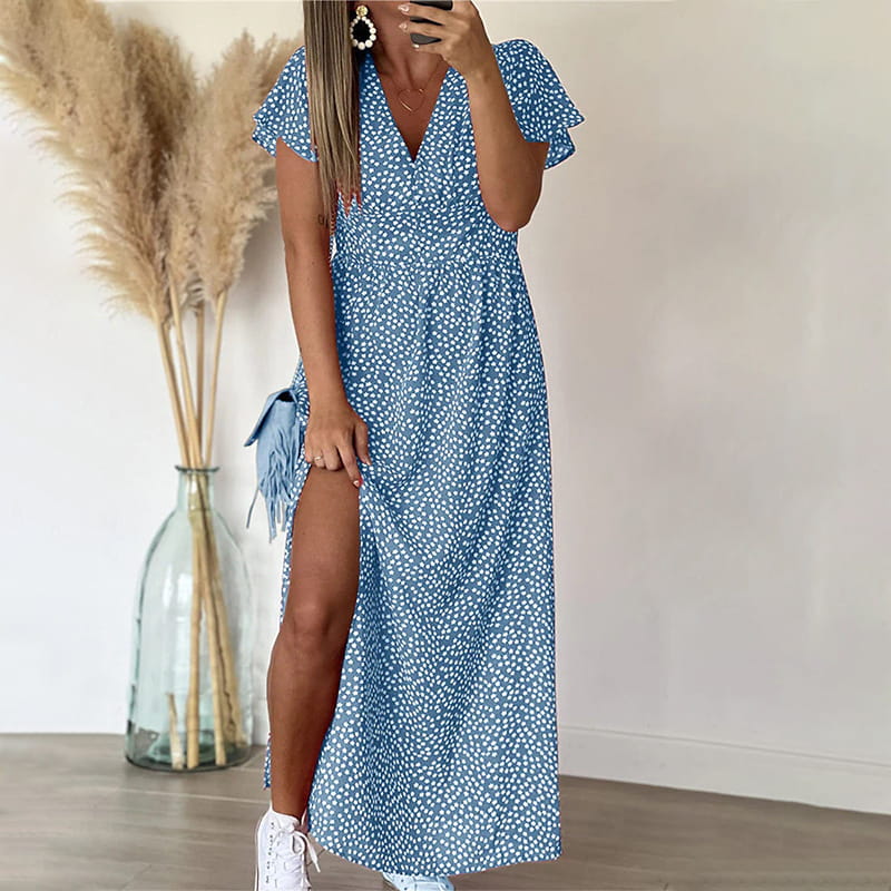 Robe Élégante à Imprimé Floral avec Col en V et Fente Latérale pour Femmes
