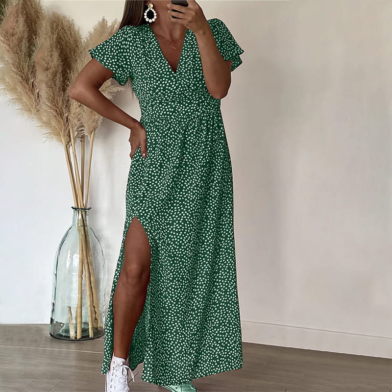 Robe Élégante à Imprimé Floral avec Col en V et Fente Latérale pour Femmes