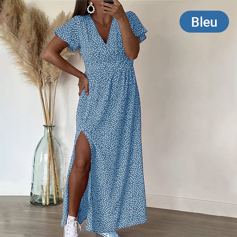Robe Élégante à Imprimé Floral avec Col en V et Fente Latérale pour Femmes