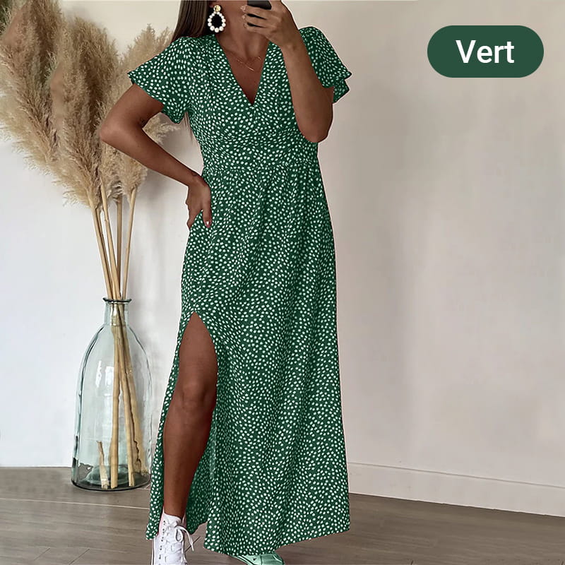 Robe Élégante à Imprimé Floral avec Col en V et Fente Latérale pour Femmes