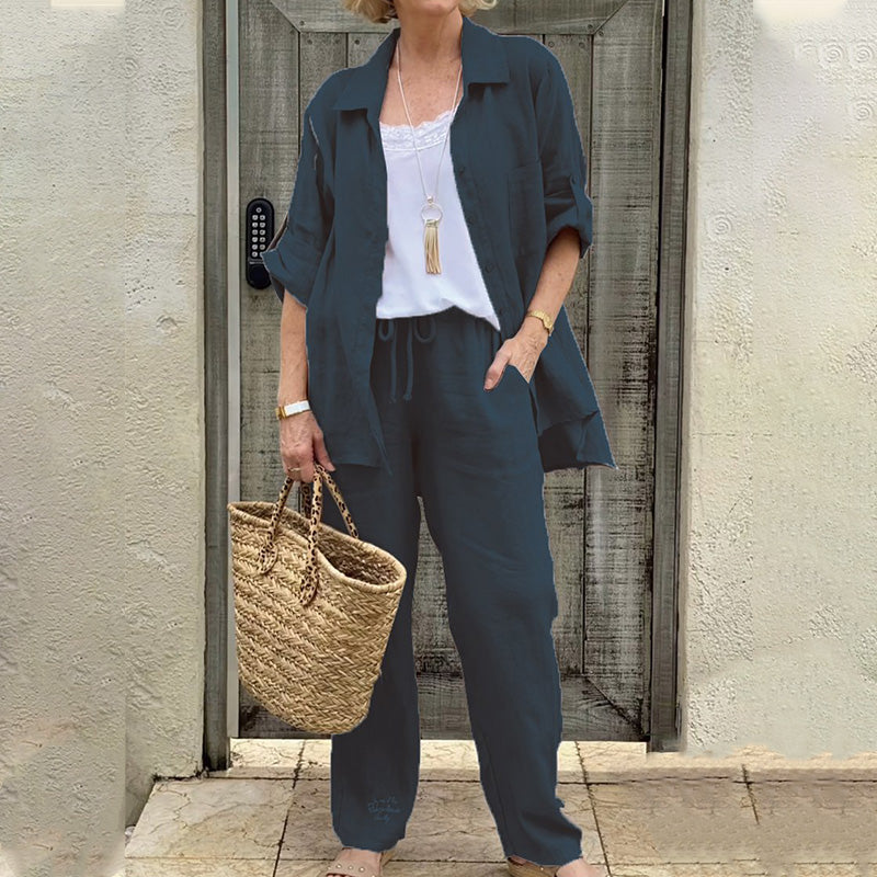 Ensemble deux pièces en lin pour femmes, couleur unie chemise et pantalon décontractés