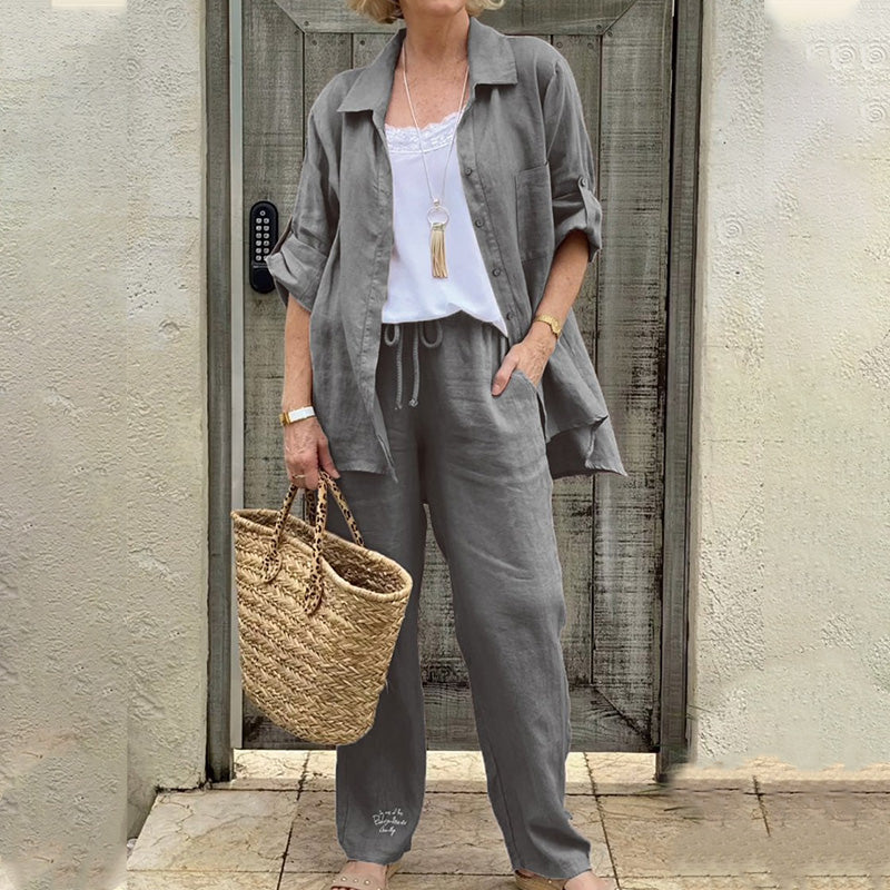 Ensemble deux pièces en lin pour femmes, couleur unie chemise et pantalon décontractés