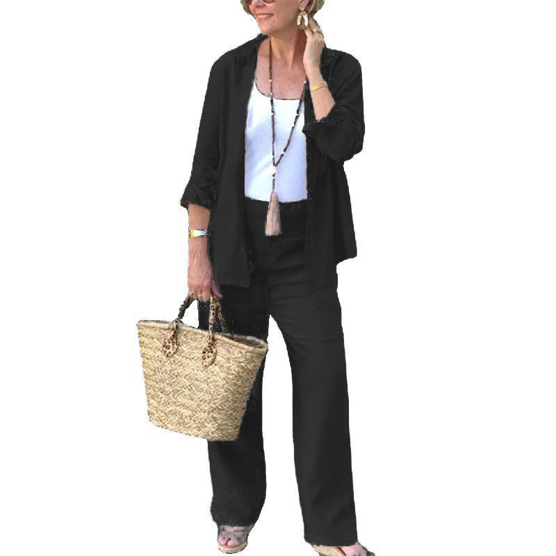 Ensemble deux pièces en lin pour femmes, couleur unie chemise et pantalon décontractés