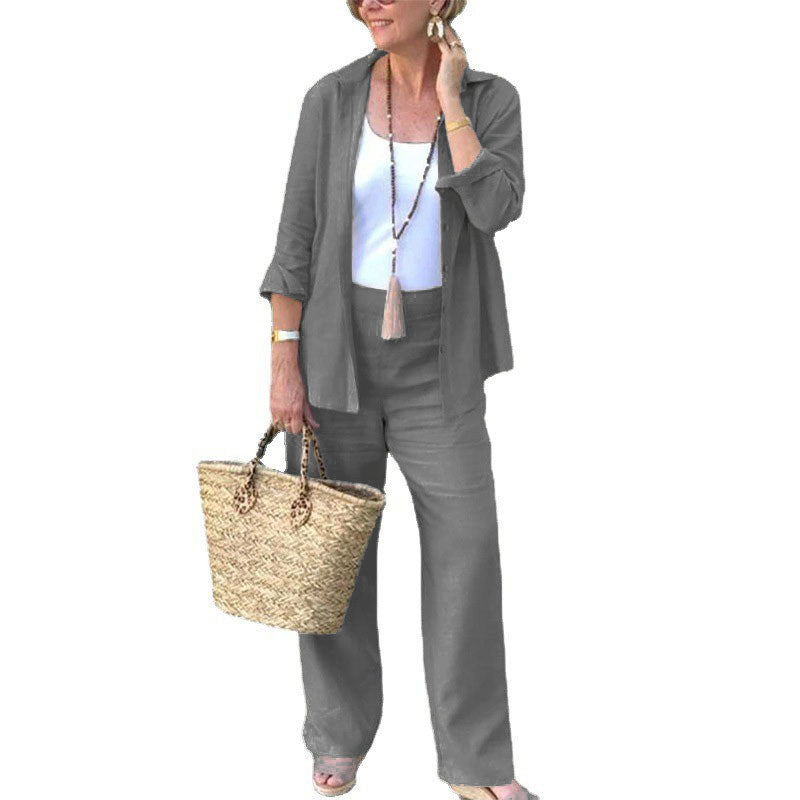Ensemble deux pièces en lin pour femmes, couleur unie chemise et pantalon décontractés