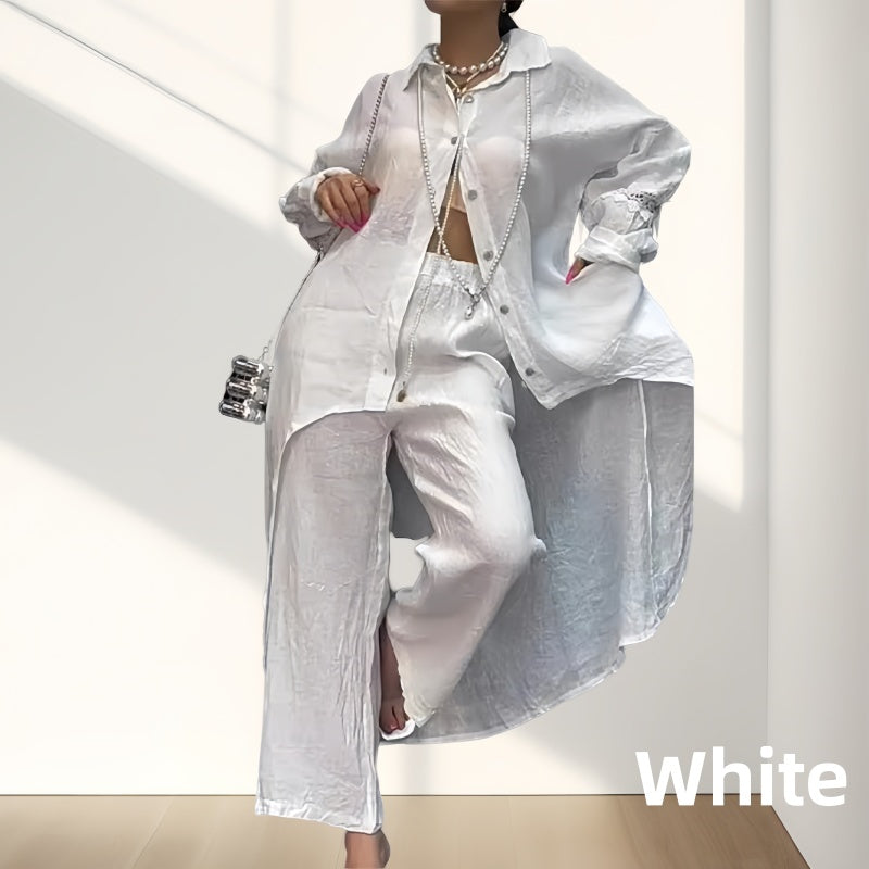 Ensemble deux pièces de couleur unie tendance pour femmes - chemise et pantalon à manches longues