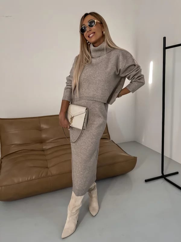 💕Vente chaude 60% de réduction💕Ensemble robe midi et pull à col roulé