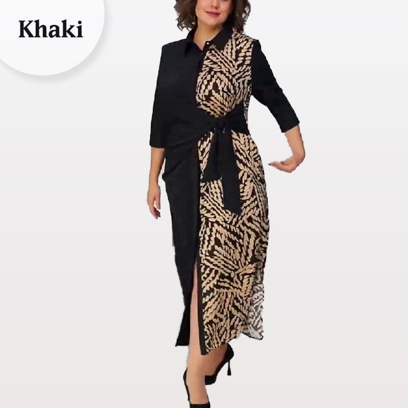 Robe à manches sept quarts imprimée avec revers et fente