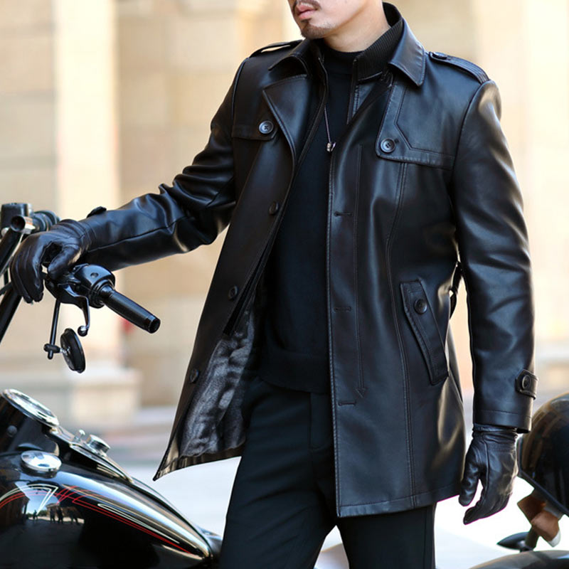 Trench-coat en cuir PU pour hommes à double boutonnage