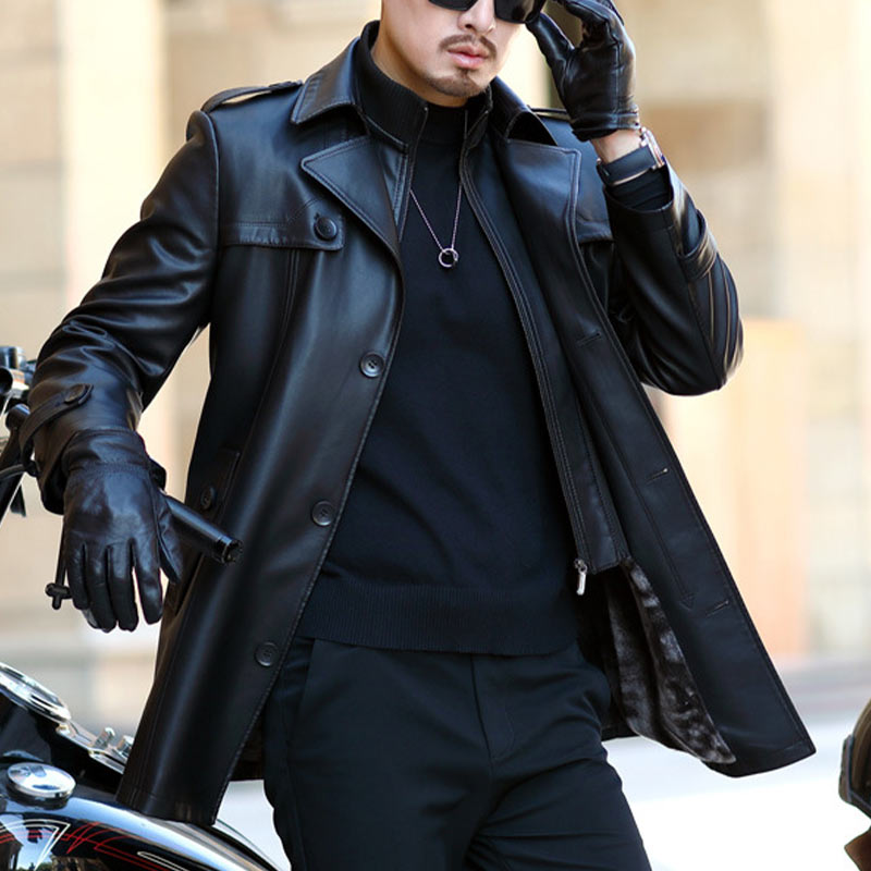 Trench-coat en cuir PU pour hommes à double boutonnage
