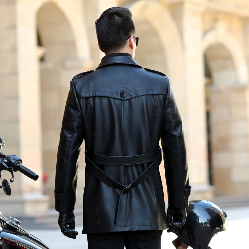 Trench-coat en cuir PU pour hommes à double boutonnage