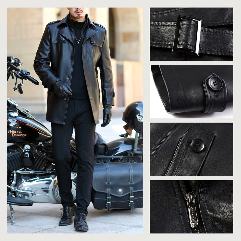 Trench-coat en cuir PU pour hommes à double boutonnage