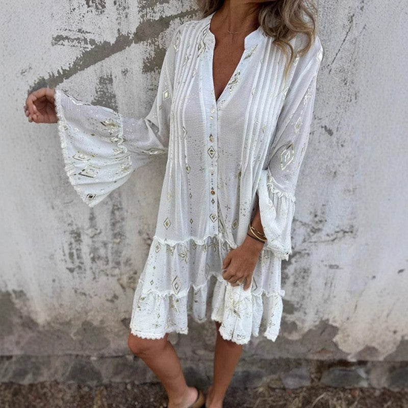 đFemme Motif GĂ©omĂ©trique Confortable robe midi avec col en V