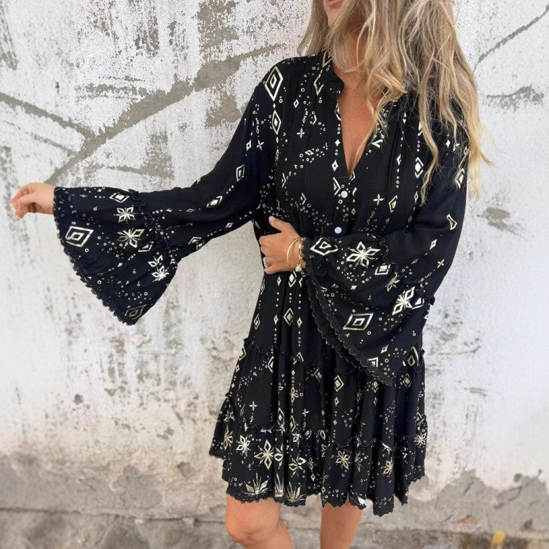 đFemme Motif GĂ©omĂ©trique Confortable robe midi avec col en V