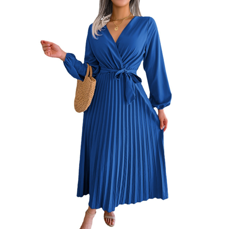 Robe pour femmes longue à plis avec ceinture nouée enveloppante