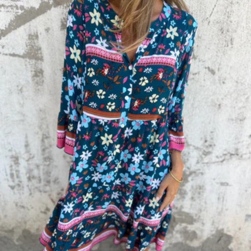 🌸Robe décontractée à imprimé floral et à col en V avec fermeture à boutons🌸