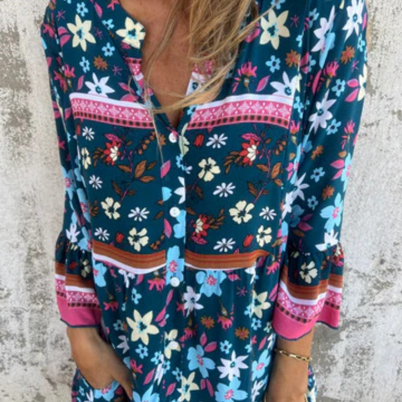 🌸Robe décontractée à imprimé floral et à col en V avec fermeture à boutons🌸