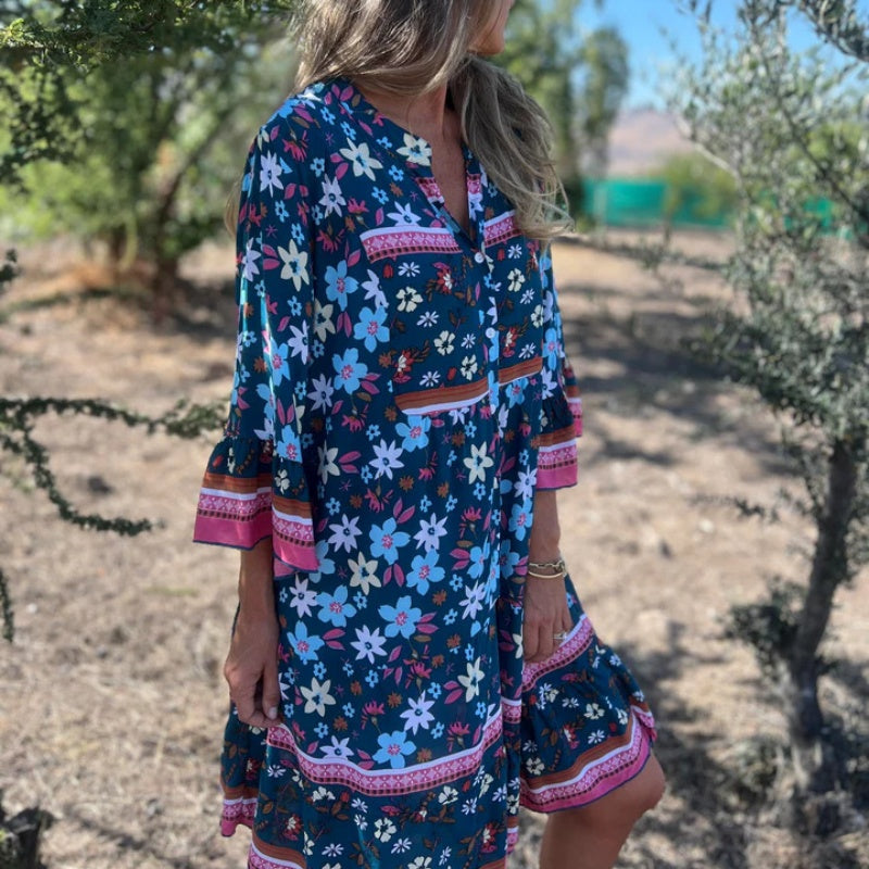 🌸Robe décontractée à imprimé floral et à col en V avec fermeture à boutons🌸