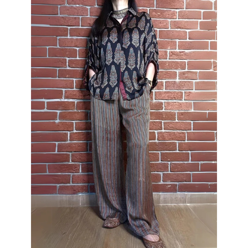 💥Vente chaude🍃Ensemble chemise imprimée et pantalon large rayé pour femmes
