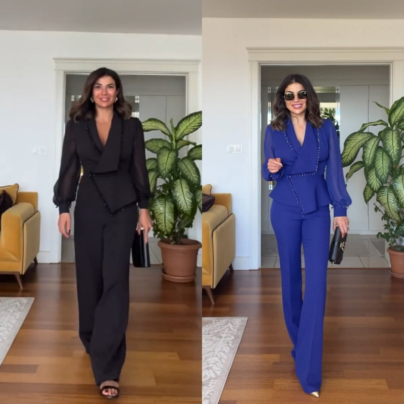 🌸Promotions de printemps🌸 Elégant Top noir perlé et pantalon à large jambe (ensemble de 2 pièces)