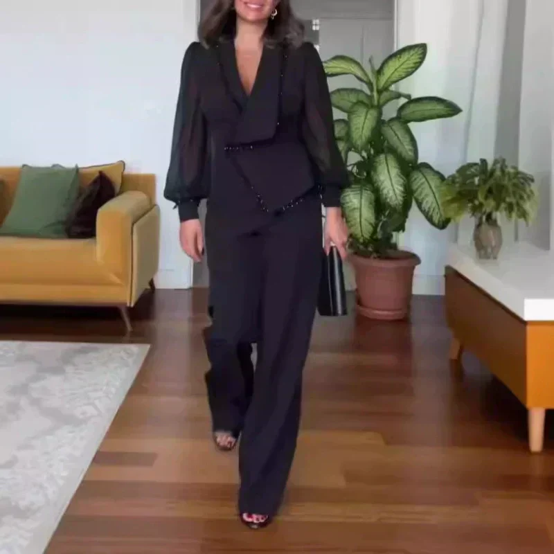 🌸Promotions de printemps🌸 Elégant Top noir perlé et pantalon à large jambe (ensemble de 2 pièces)