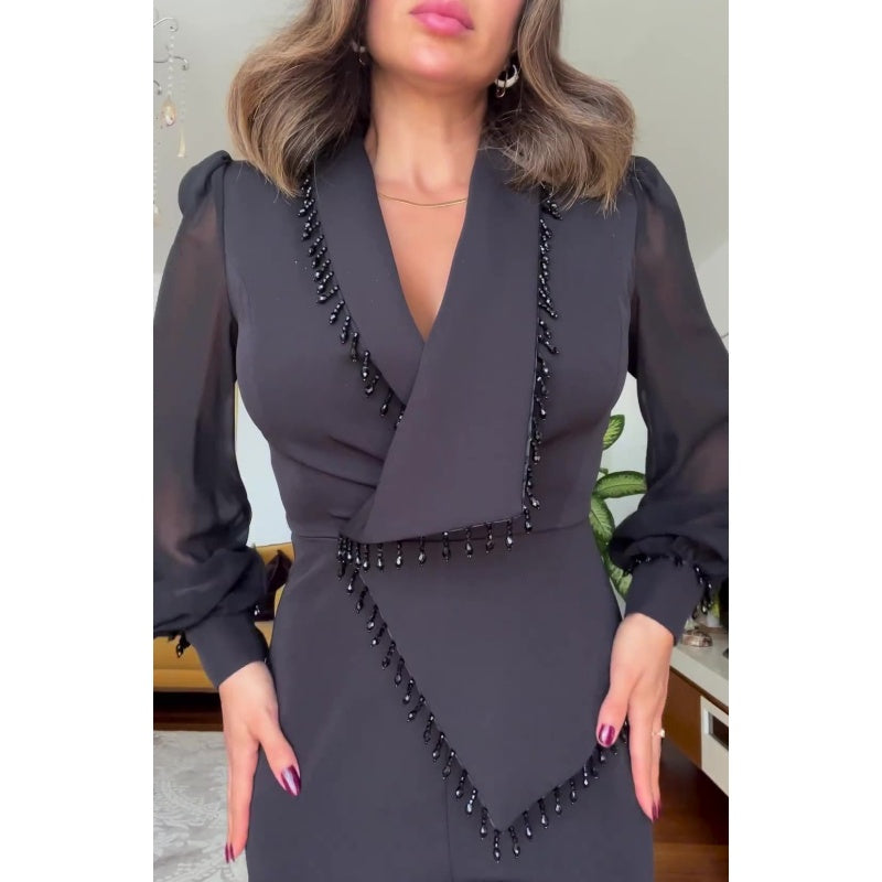 🌸Promotions de printemps🌸 Elégant Top noir perlé et pantalon à large jambe (ensemble de 2 pièces)