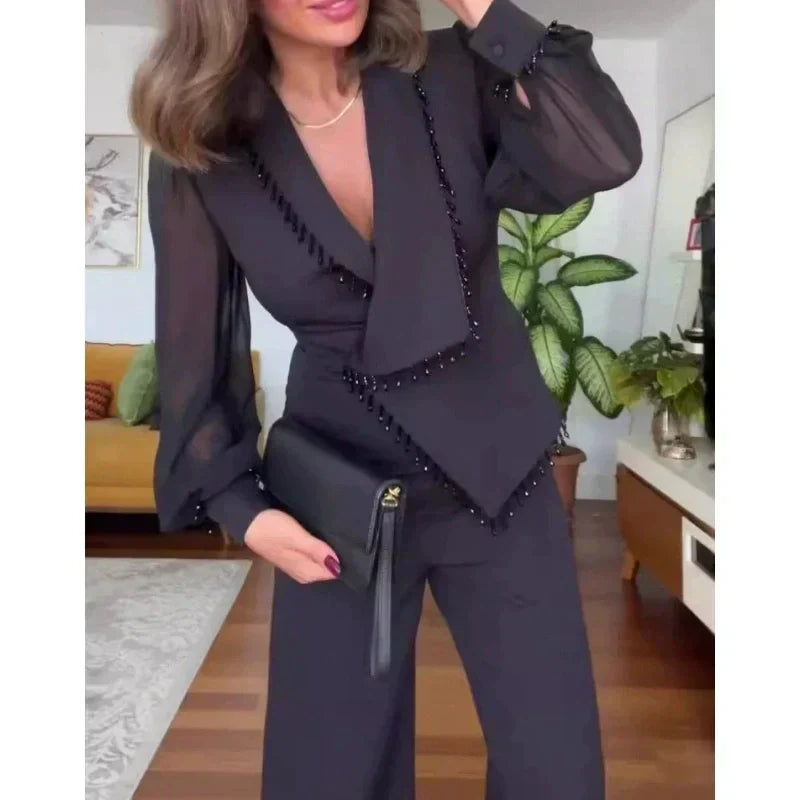 🌸Promotions de printemps🌸 Elégant Top noir perlé et pantalon à large jambe (ensemble de 2 pièces)