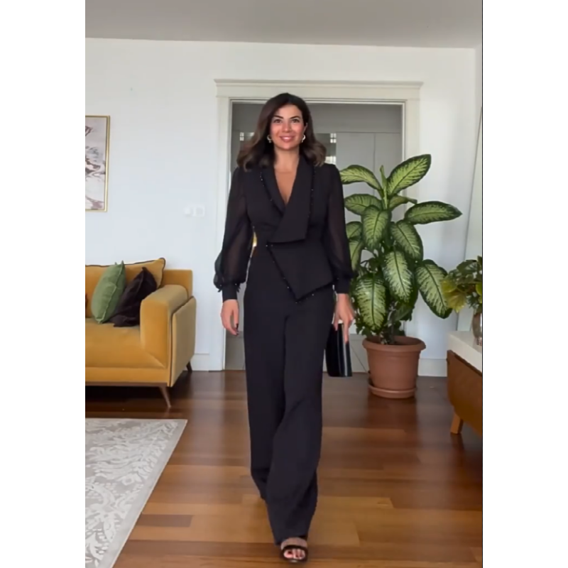 🌸Promotions de printemps🌸 Elégant Top noir perlé et pantalon à large jambe (ensemble de 2 pièces)