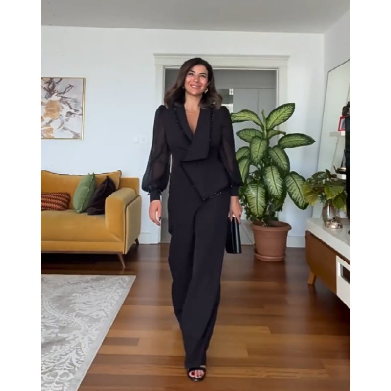 🌸Promotions de printemps🌸 Elégant Top noir perlé et pantalon à large jambe (ensemble de 2 pièces)
