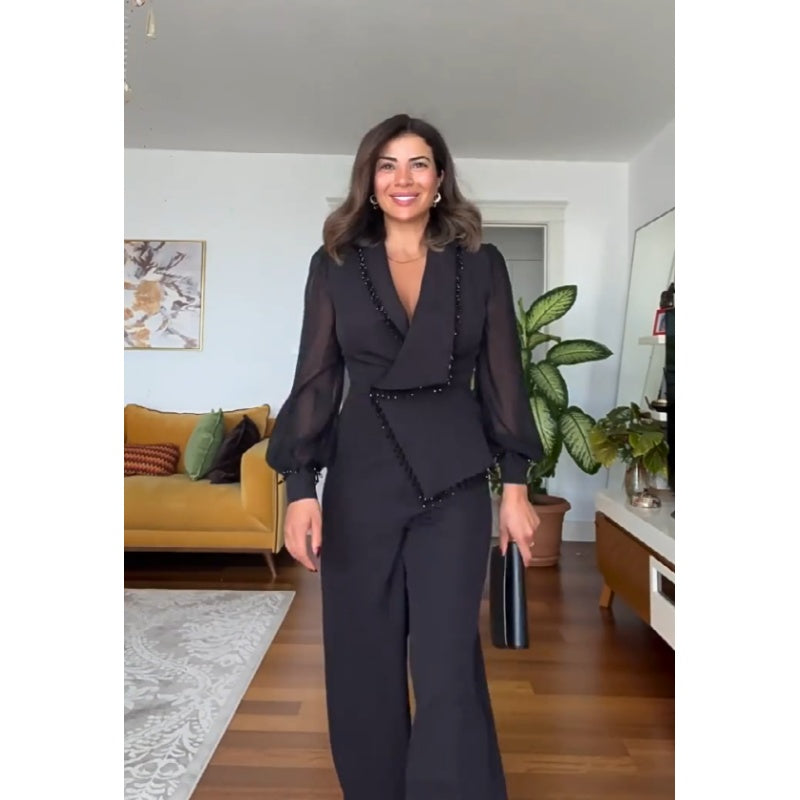🌸Promotions de printemps🌸 Elégant Top noir perlé et pantalon à large jambe (ensemble de 2 pièces)