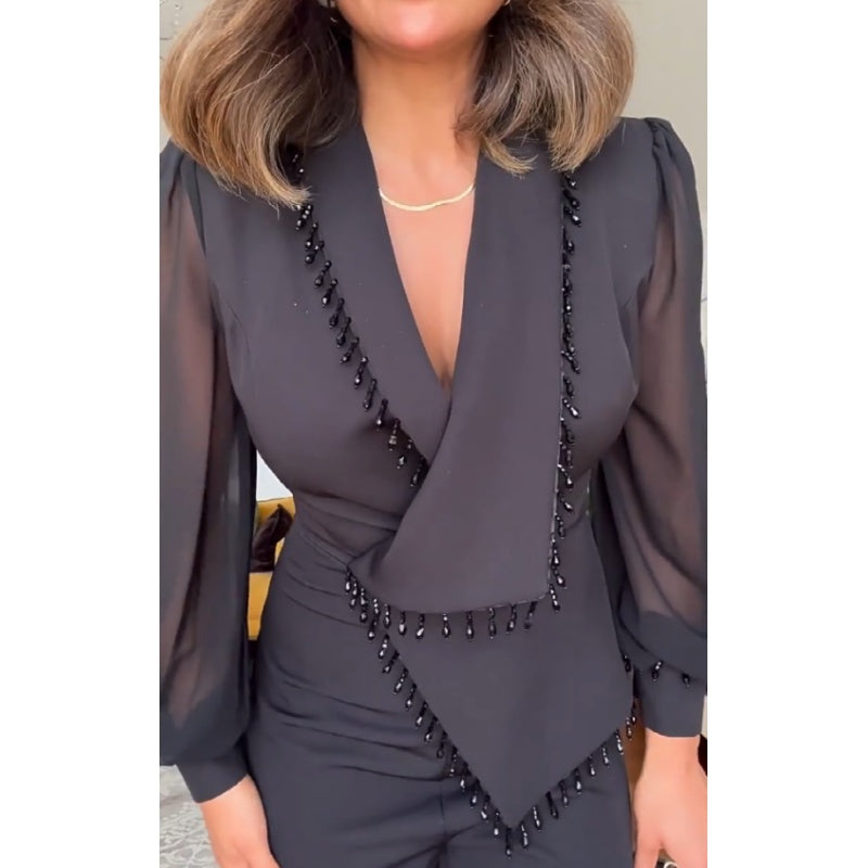 🌸Promotions de printemps🌸 Elégant Top noir perlé et pantalon à large jambe (ensemble de 2 pièces)